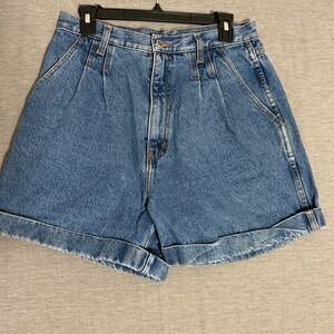 Vintage 90's Denim Jean Shorts High Waisted Pleated Cuffed Blue Size 14